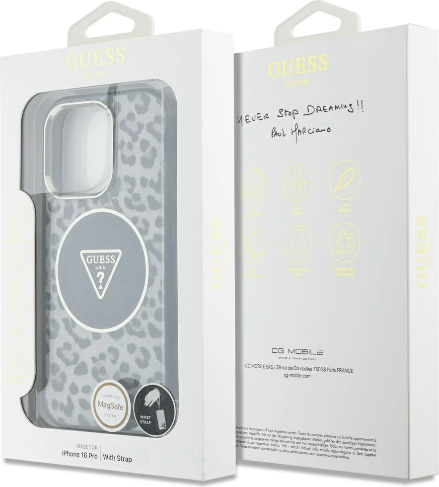 Mbështjellës Guess HC IML Leopard Triangle Cord Strap për iPhone 16 Pro, MagSafe, Zi