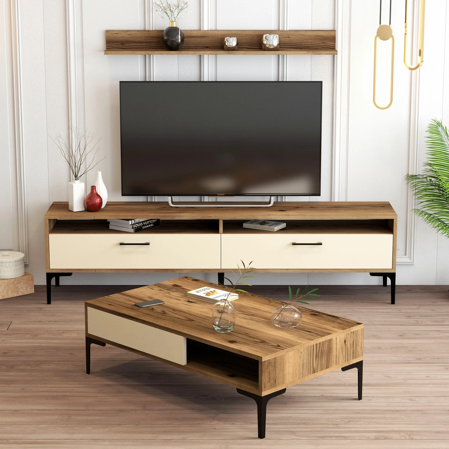 Set mobiljesh për dhomë dite Skye Decor, Istanbul, ngjyrë arre dhe krem