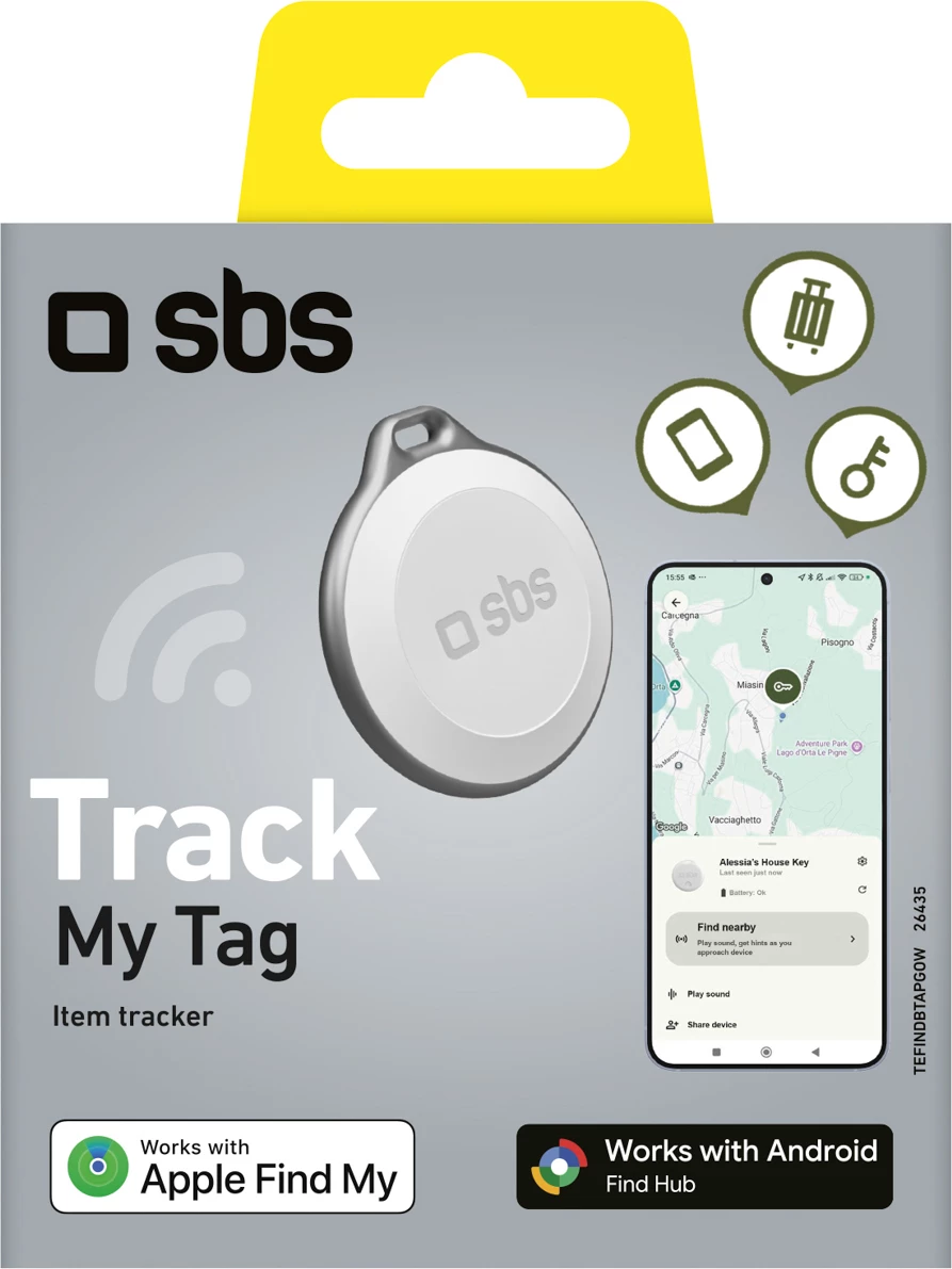 Tracker universal, SBS Track My Tag, Bluetooth, rreze deri 50 m, alarm 90–100 dB, IP65, bateri CR5032, e bardhë, 1 copë