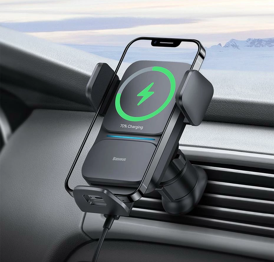 Mbajtës celulari Baseus Wisdom CGZX000001, karikim pa tel Qi 15W, për grilë ventilimi, USB-C, kabllo 1 m, i zi