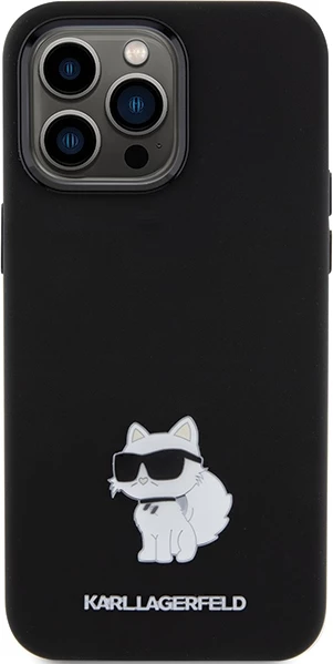 Mbështjellës Karl Lagerfeld Silicone Choupette Metal Pin për iPhone 15 Pro Max, i zi
