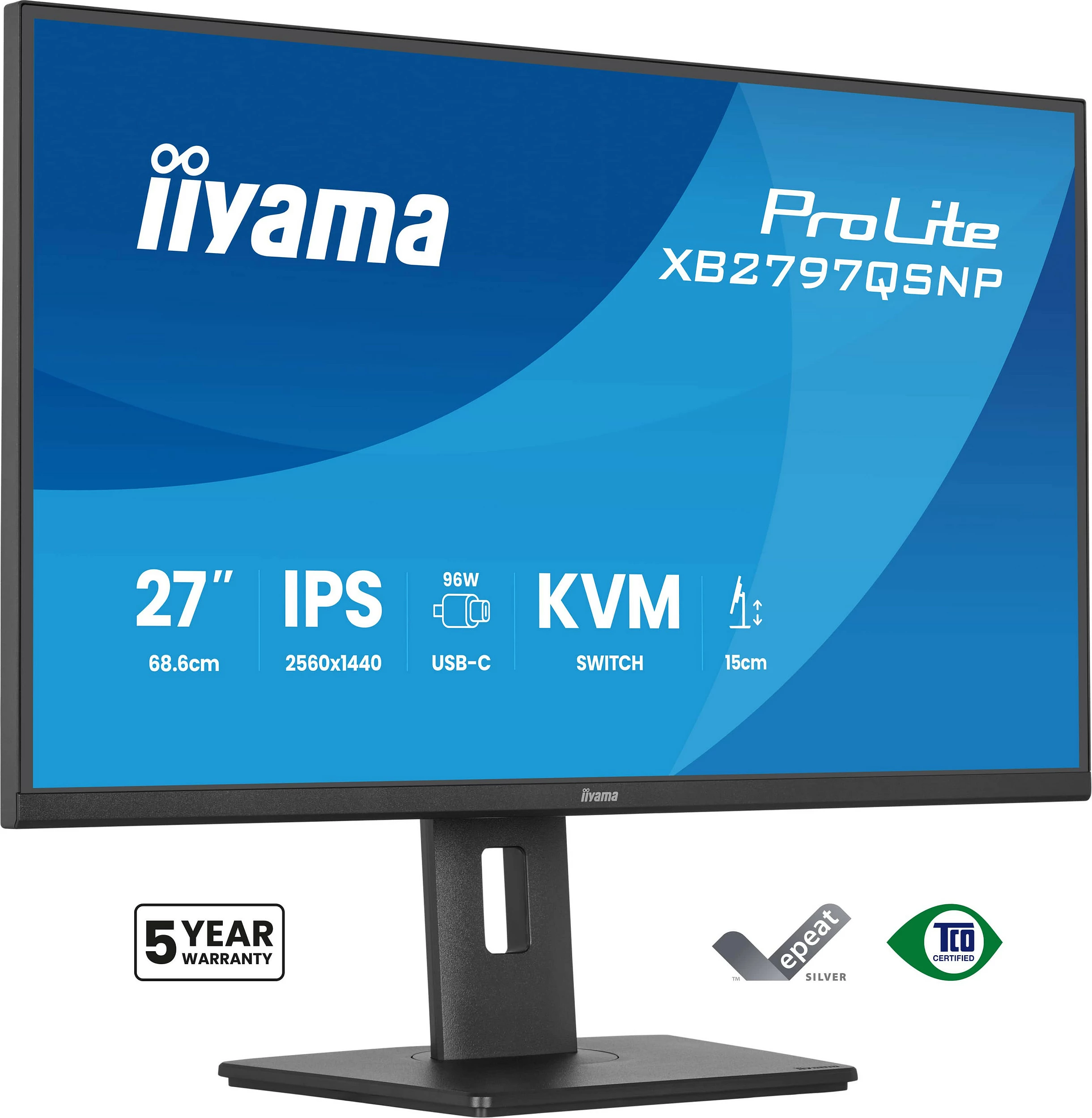 Monitor iiyama ProLite XB2797QSNP-B1, 27" IPS QHD 2560x1440, FreeSync, USB-C 96W, KVM, e zezë
