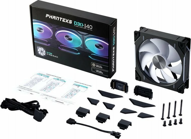 Ventilator kasë Phanteks D30-140 PWM D-RGB 140mm, 30mm, 4-pin PWM + 3-pin ARGB, zi/bardhë, 1 copë