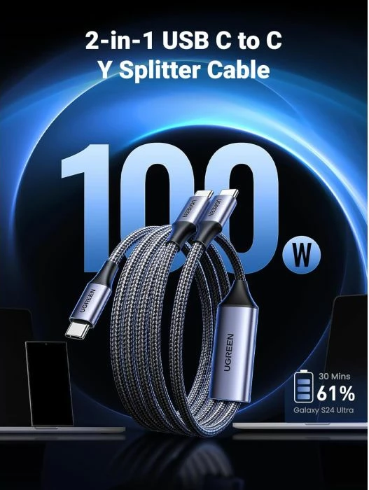 kablë karikimi USB-C 2-në-1 UGREEN 35087, 100W PD, ndarës Y me 2 dalje USB-C, e thurur nylon, gri e errët