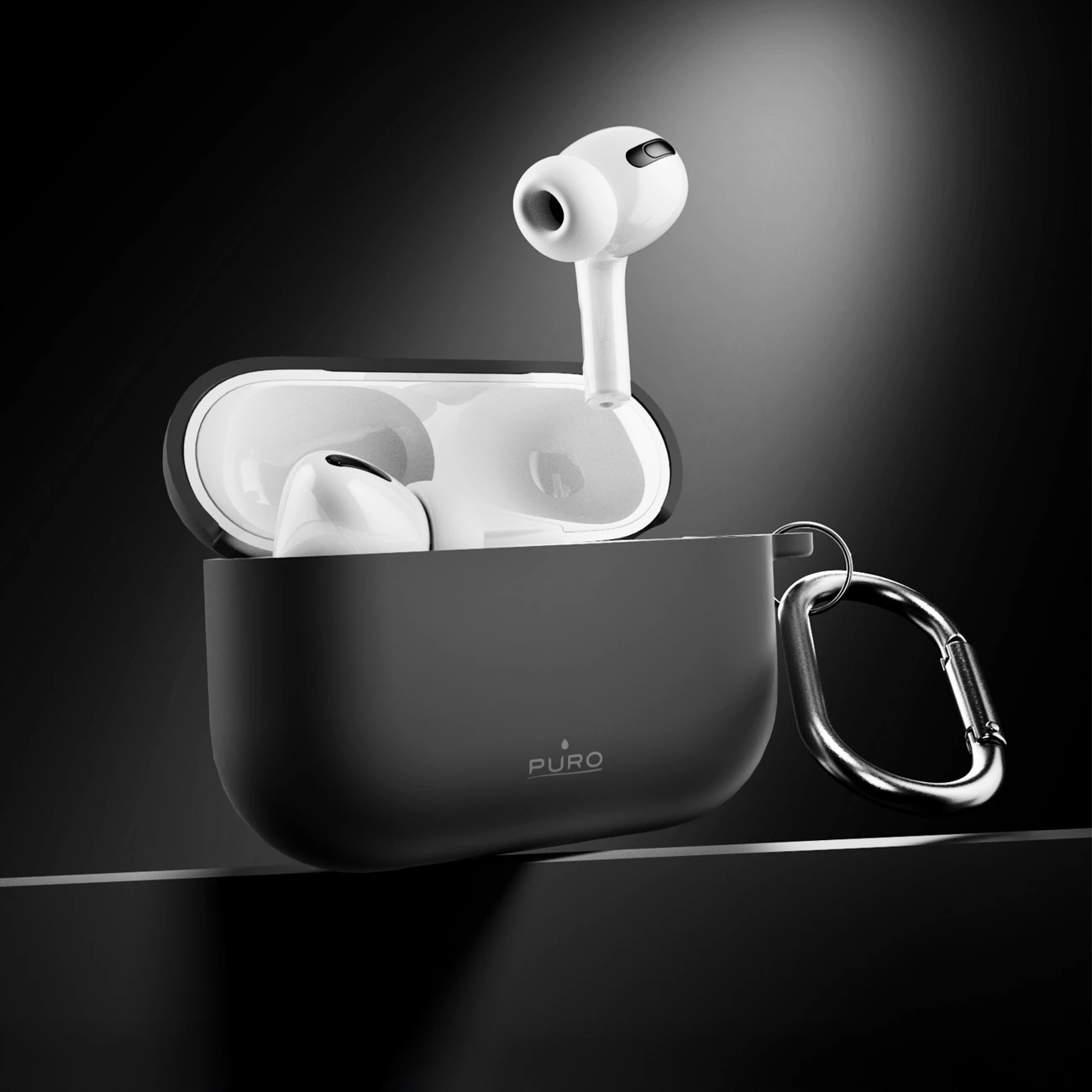 Mbështjellës silikoni Puro Icon për AirPods Pro 3, me karabinë, i zi, në kuti