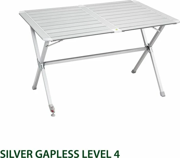 tavolinë palosëse kampingu BRUNNER Silver Gapless Level 6 0406077N 140x81x70cm me nivelues, alumin, çantë transporti, argjendtë