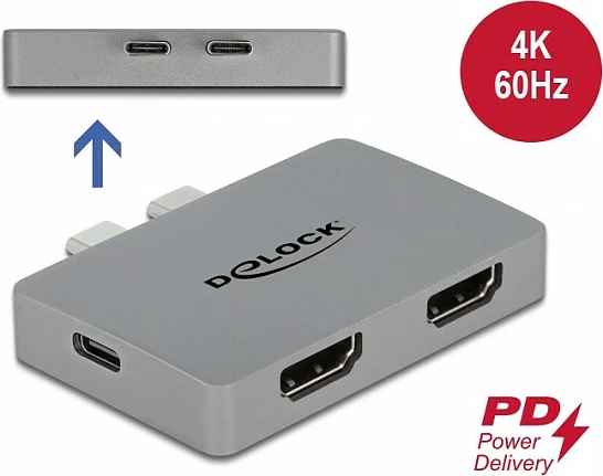 Adapter DeLOCK Dual HDMI, USB-C/Thunderbolt 3, 4K 60Hz, PD 100W, gri