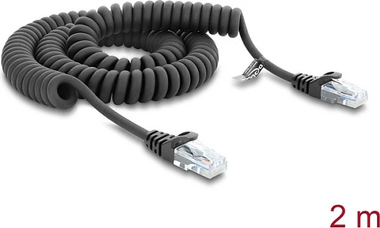 Kabllo spirale DeLOCK RJ-50 mashkull-në-mashkull, Cat5e, 2 m, e zezë