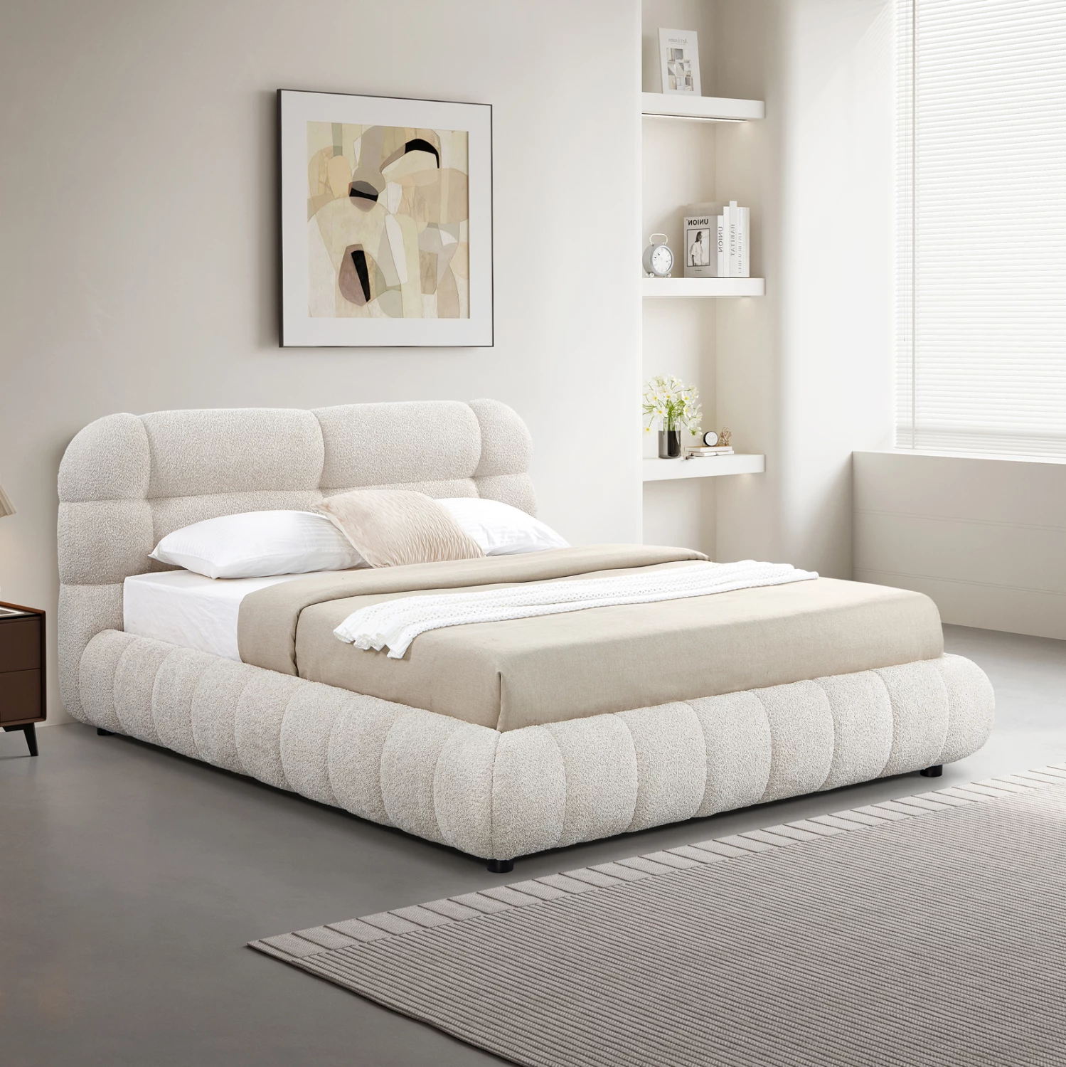 Krevat dopio me hapësirë për depo, stof boucle bezhë, BUBBLE FH730.03, dyshek 160x200cm