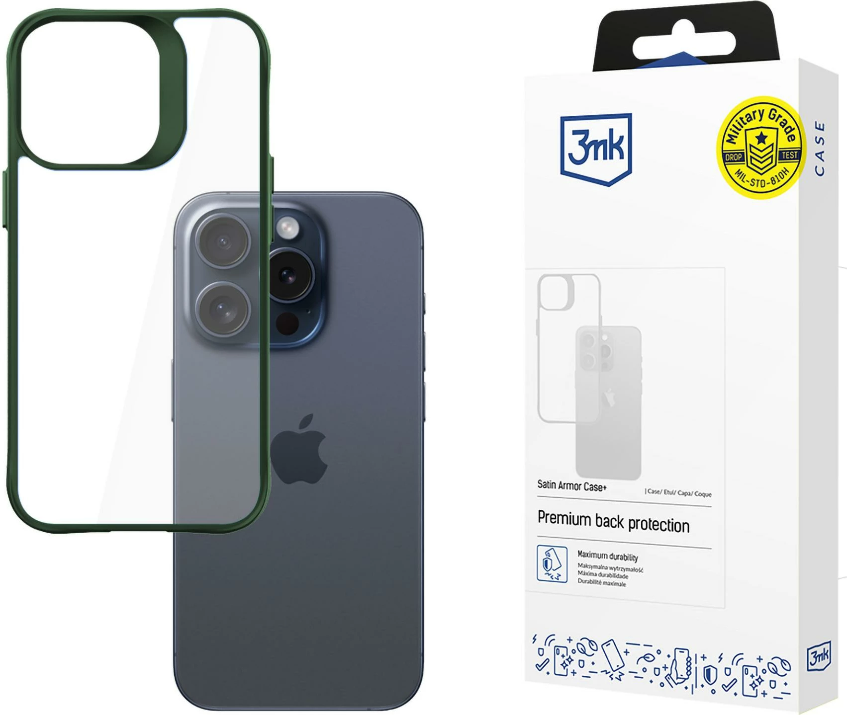 Mbështjellës 3mk Satin Armor Case+ për iPhone 15 Pro Max, Transparent, Kornizë e gjelbër