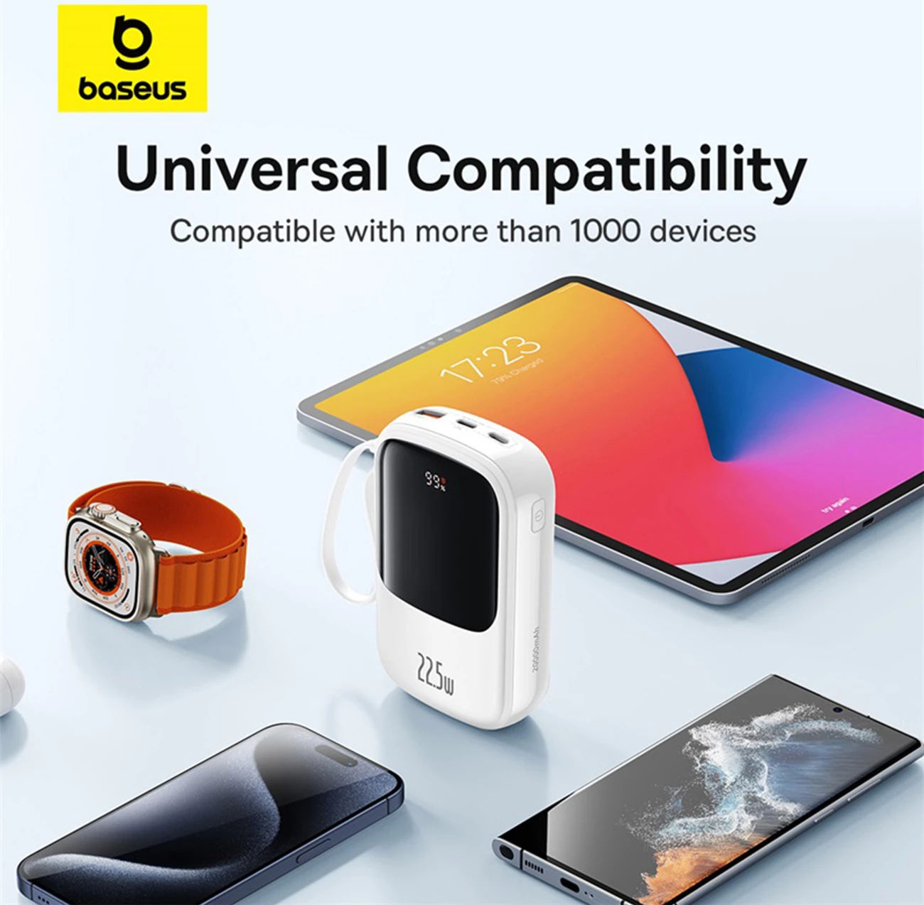Powerbank Baseus QPow Pro+ 20000mAh me display, 22.5W, kabllo USB-C e integruar, Bardhë