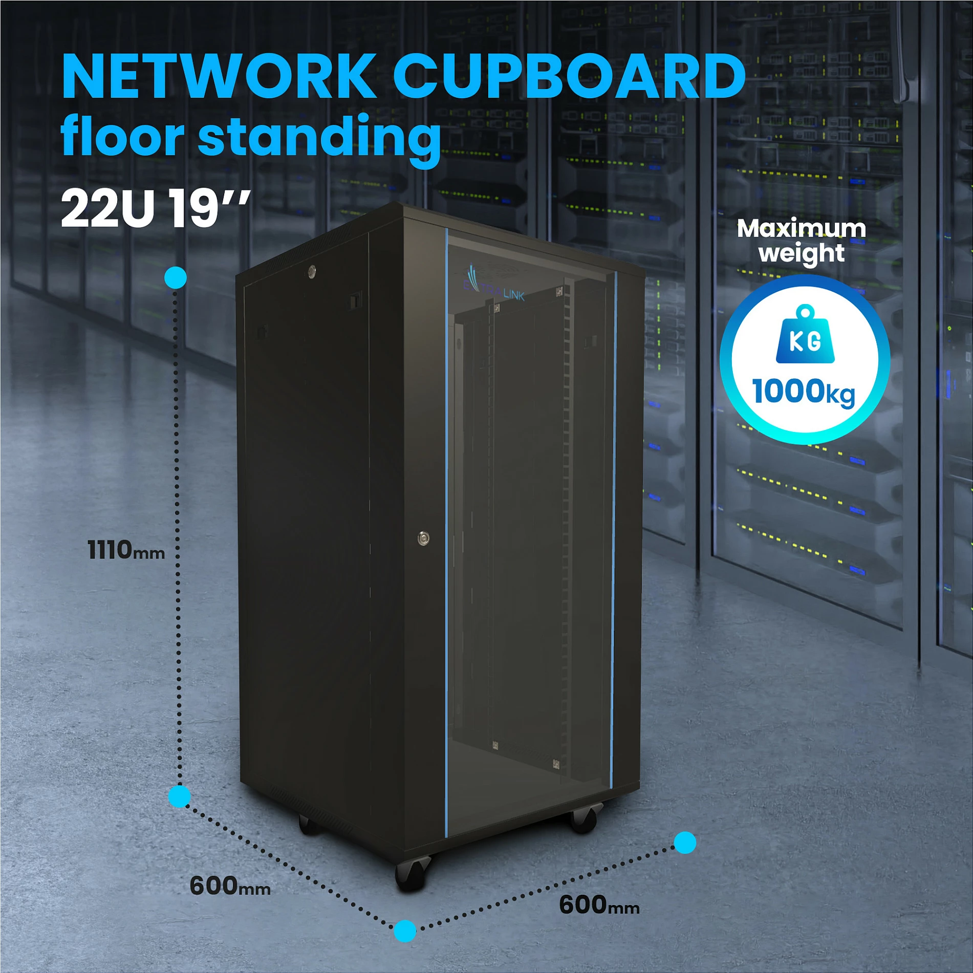 Kabinet rack Extralink 22U 600x600, 19", freestanding, i zi