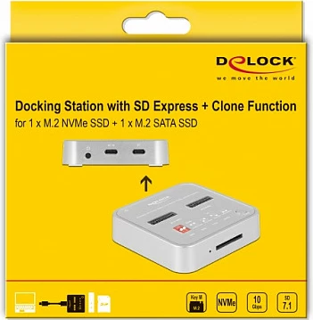 Docking station DeLOCK për 2x M.2 SSD (NVMe + SATA) me lexues SD Express dhe klonim, argjendtë