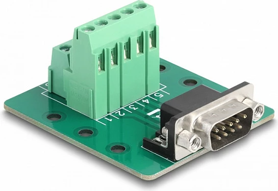 Adapter D-Sub DB9 mashkull DeLOCK në bllok terminali për shinë DIN, i gjelbër