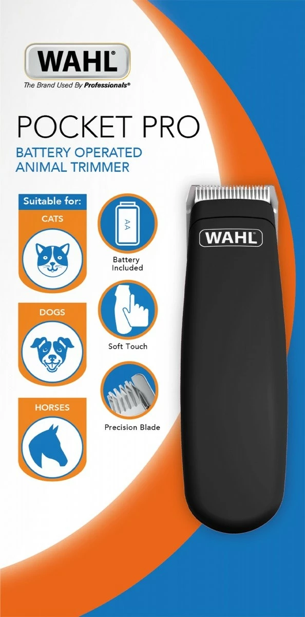 Trimmer për kafshë Wahl Pocket Pro 09962-0470, pa kabllo, teh 28 mm vetë-mprehës, krehëza 3 mm/4.5 mm, me bateri AA, e zezë