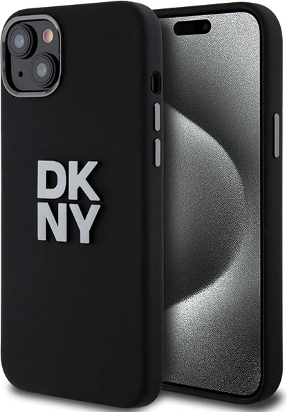 Mbështjellës DKNY Liquid Silicone Metal Logo për iPhone 15 Plus / 14 Plus, e zezë