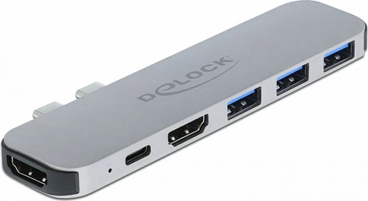 Docking station DeLOCK për MacBook, Dual HDMI 4K, USB-C PD 60W, 3x USB-A, metal, gri