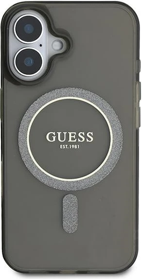 Mbështjellës Guess IML Glitter Circle MagSafe për iPhone 16, i zi