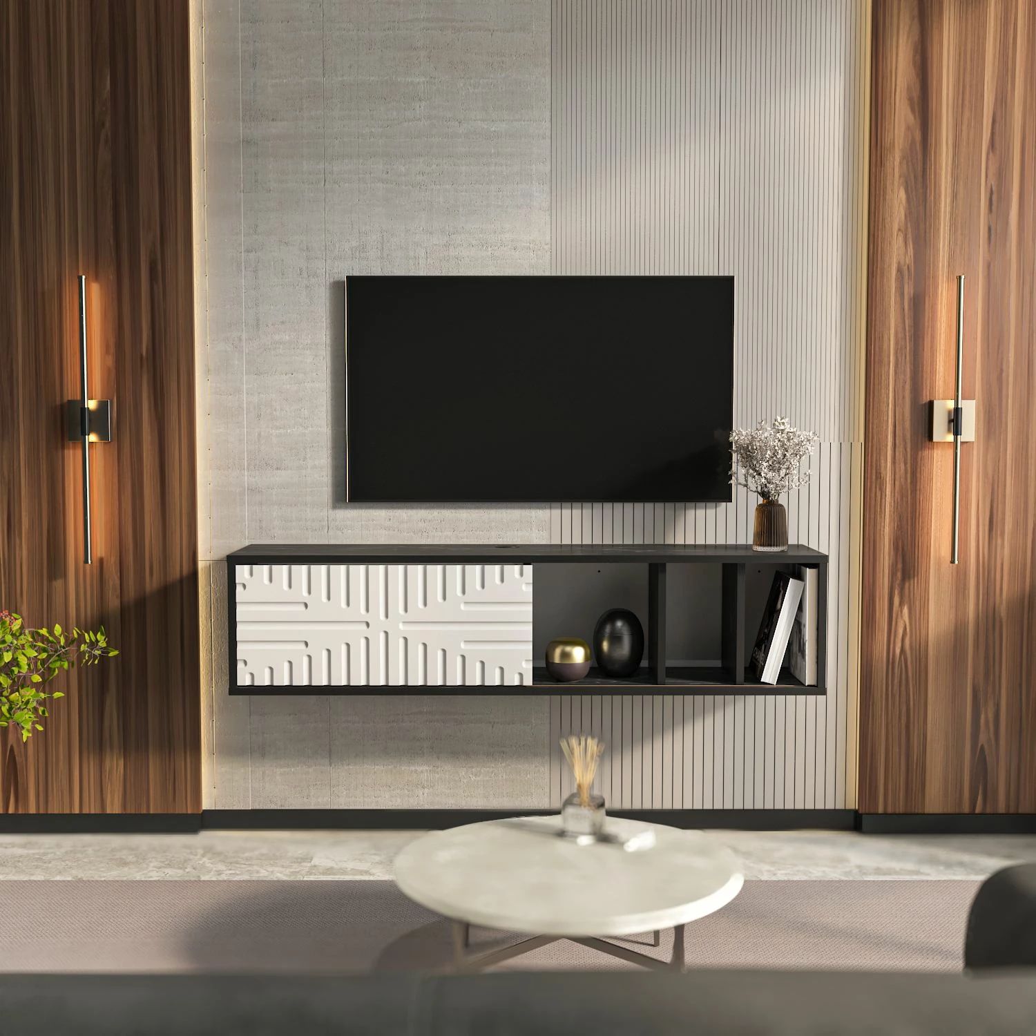 Komodë TV e varur Teo, ngjyrë e zezë dhe e bardhë, Skye Decor