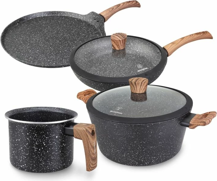 Set tenxhere alumini Westinghouse WCCS008506AMBB, 6 copë, ngjyrë e zezë me pika dhe dru