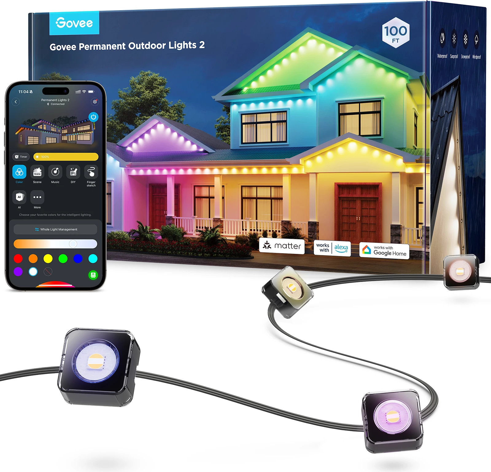 Drita LED të jashtme Govee Permanent Outdoor Lights 2 30 m RGBIC Wi‑Fi/Bluetooth IP67, shumëngjyrëshe