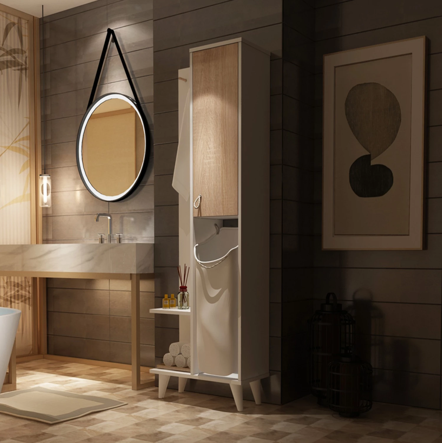 Mobilje banjoje prej melamine me shportë FH178, ngjyrë e bardhë dhe sonama, 64x30x178Y cm