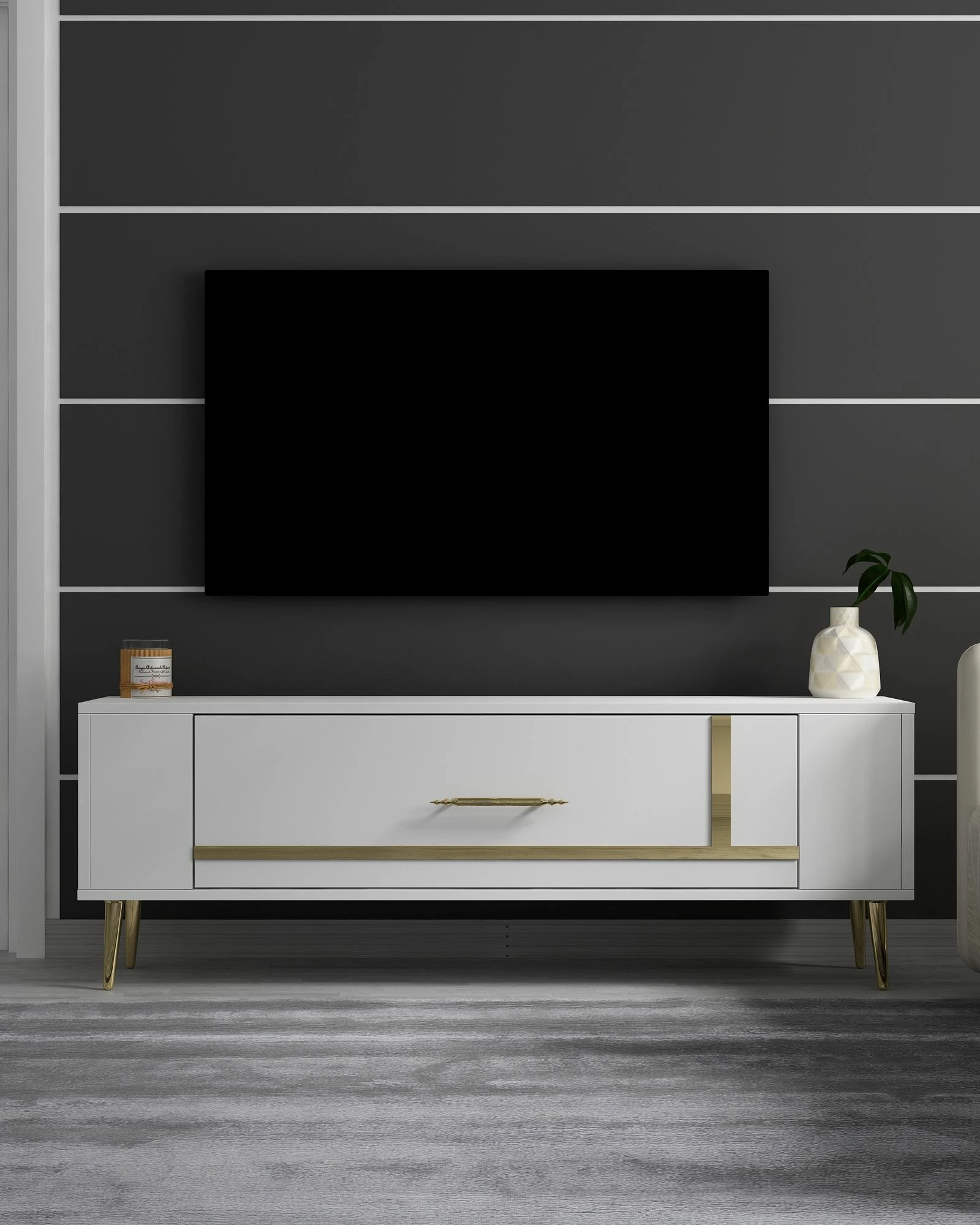 Komodë TV, ngjyrë e bardhë dhe ari, Skye Decor, Retrop1