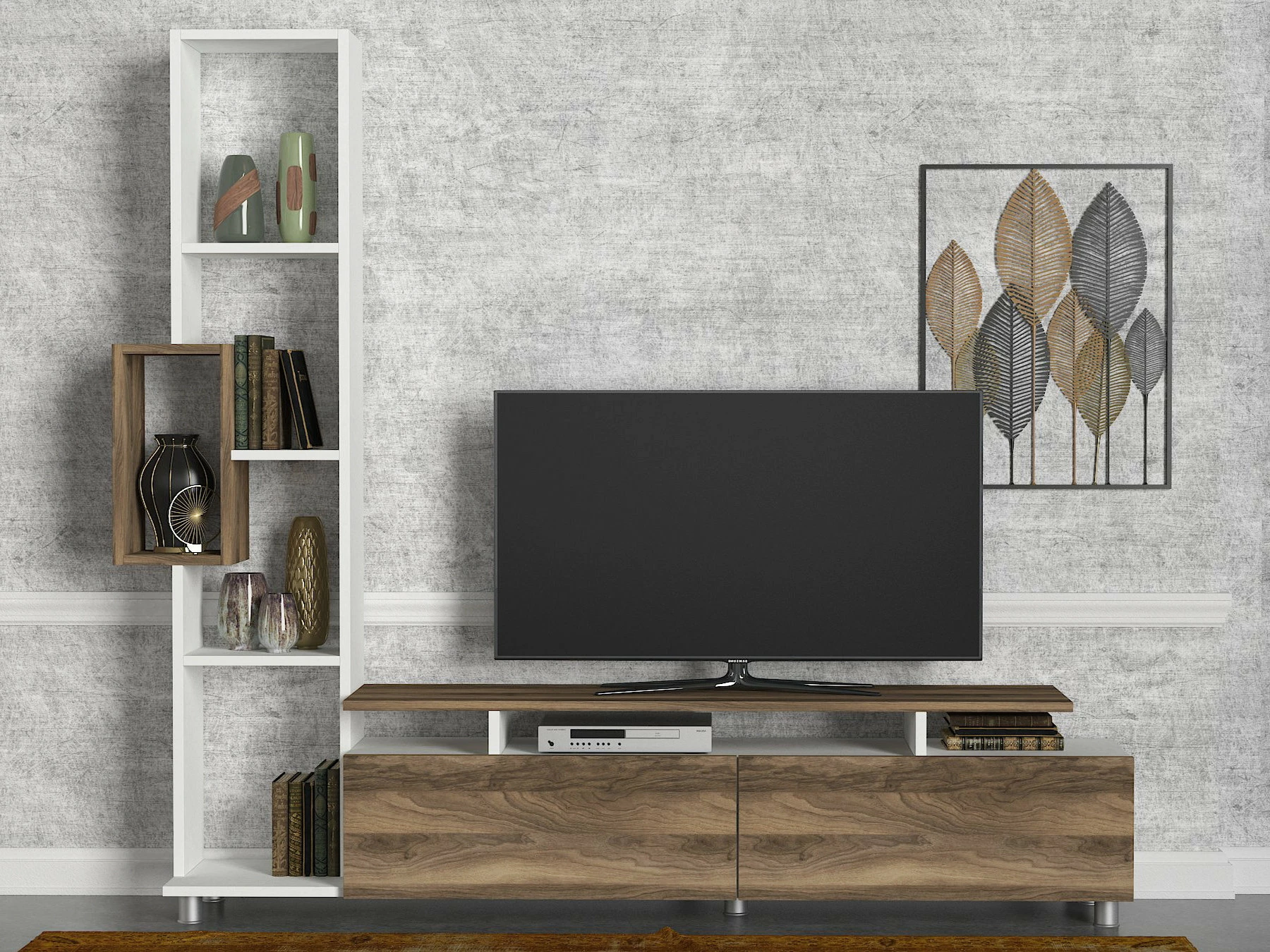 Njësi TV Hanah Home, ngjyrë tulip e bardhë dhe arre
