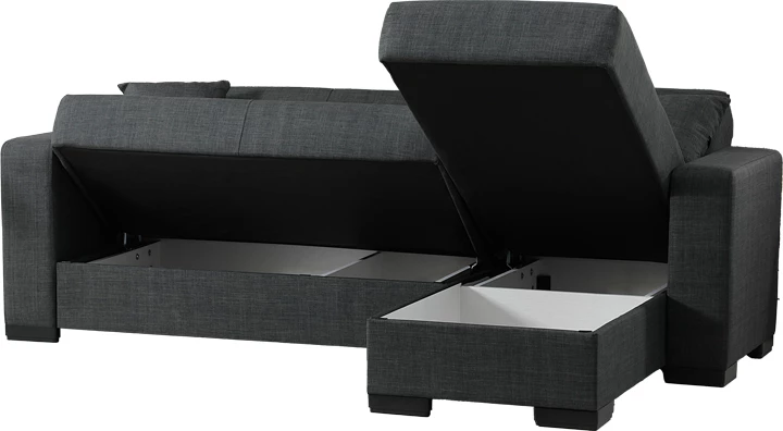 Kënd-sofë krevati Dumma, material tekstili, ngjyrë antracit, këmbë të zeza, 226x148x86cm