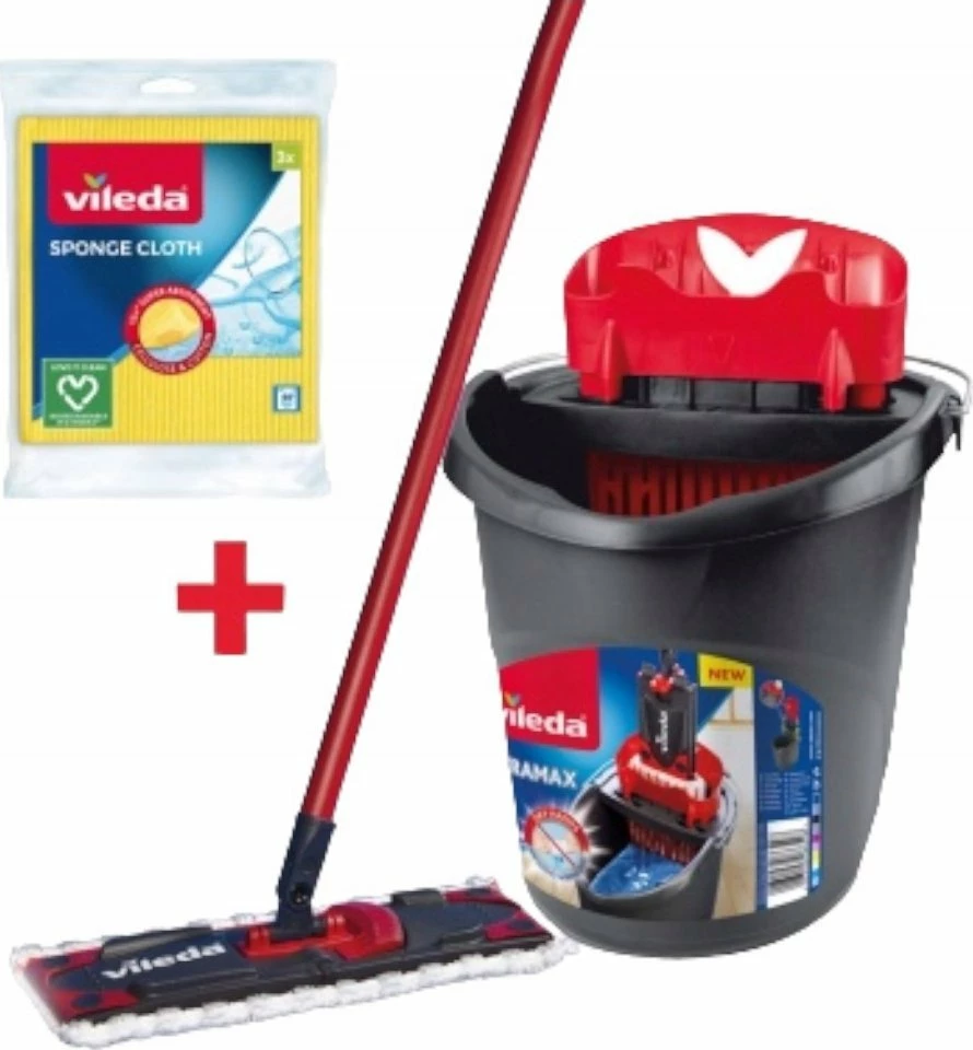 Set mop Vileda Ultramax BOX, kovë shtrydhëse 10 L, jastëk mikrofibër, kuqe, + leckë sfungjer 3 copë