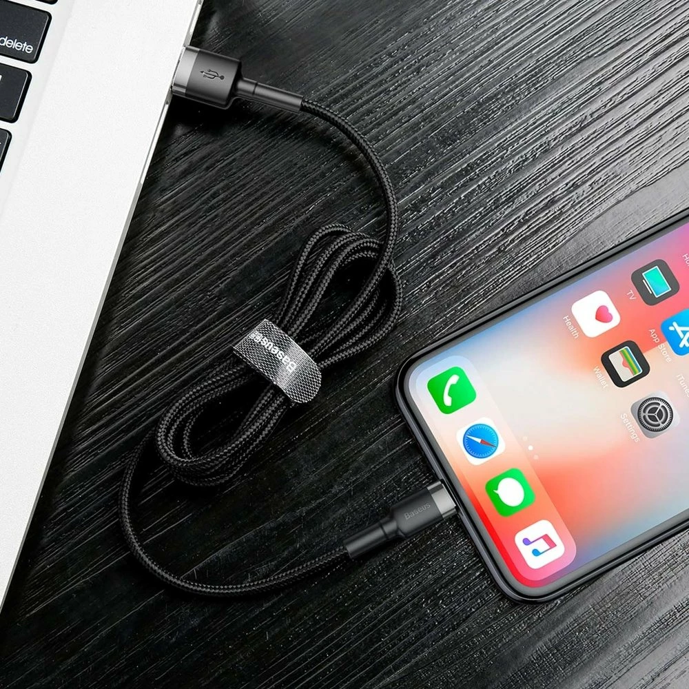 Kabllo Baseus Cafule CALKLF-AG1, USB-A në Lightning, 0.5m, 2.4A, QC 3.0, e zezë-gri
