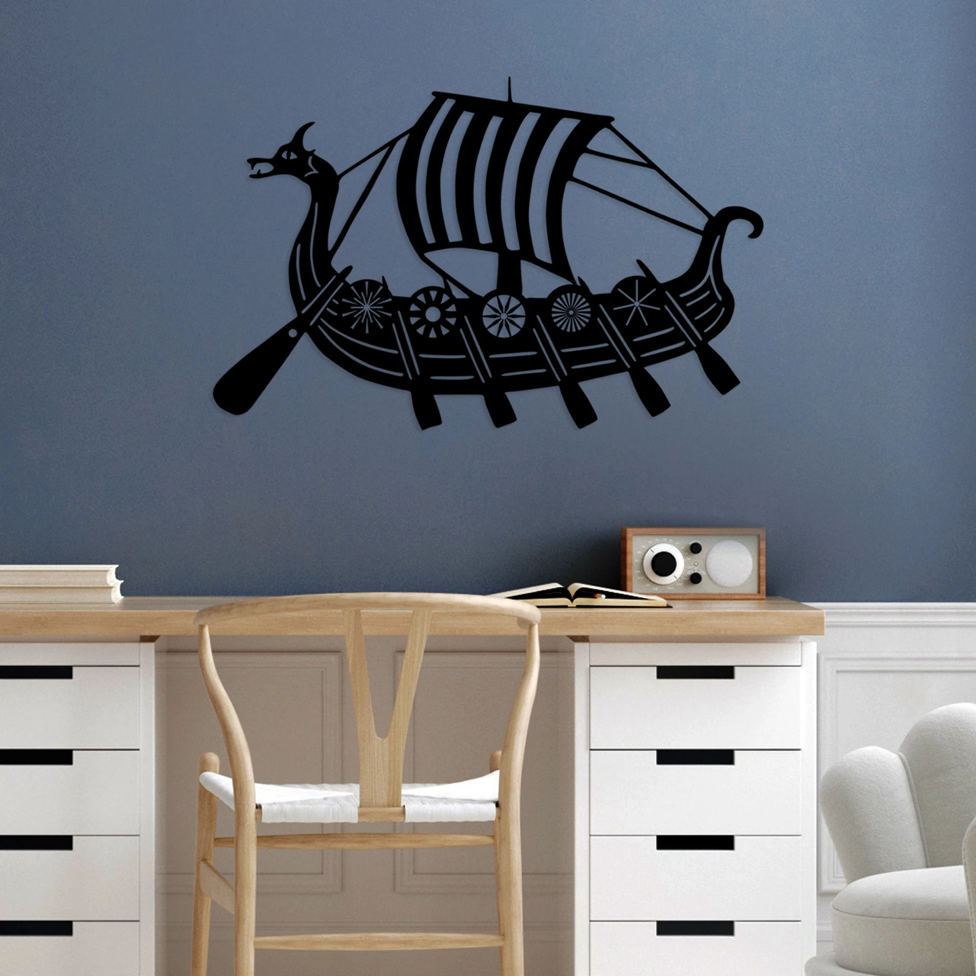 Aksesor dekorativ metalik për mur, Viking, ngjyrë e zezë, 45x70cm