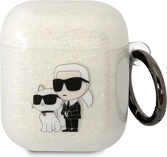 Mbështjellës Karl Lagerfeld KLA2HNKCTGT për AirPods 1/2, transparent, glitter me unazë