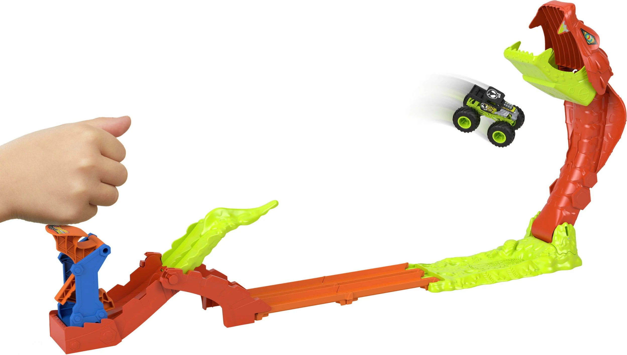 Set pistë makinash Hot Wheels Monster Truck JJN44, shkallë 1:64, me launcher dhe 1 makinë Bone Shaker