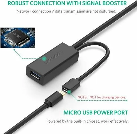 Kabllo zgjatëse USB 3.0 aktive UGREEN 20826, 5 m, me port micro USB për energji, e zezë