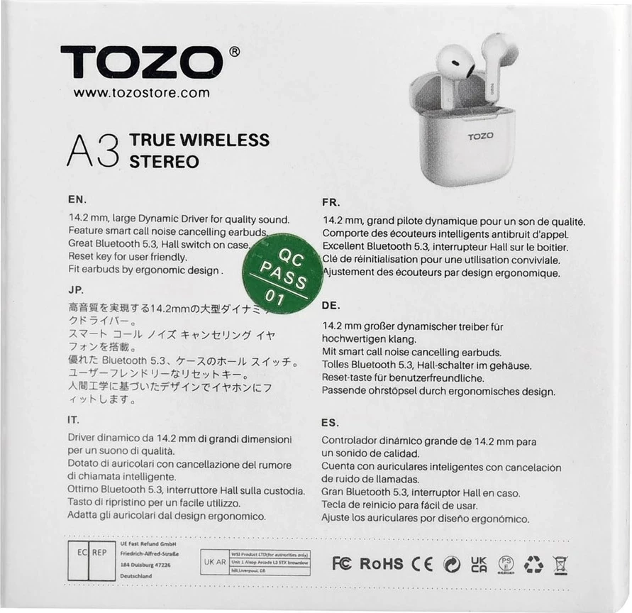 Kufje TOZO A3 True Wireless Stereo (TWS) USB Type-C Bluetooth In-Ear, Bardhë