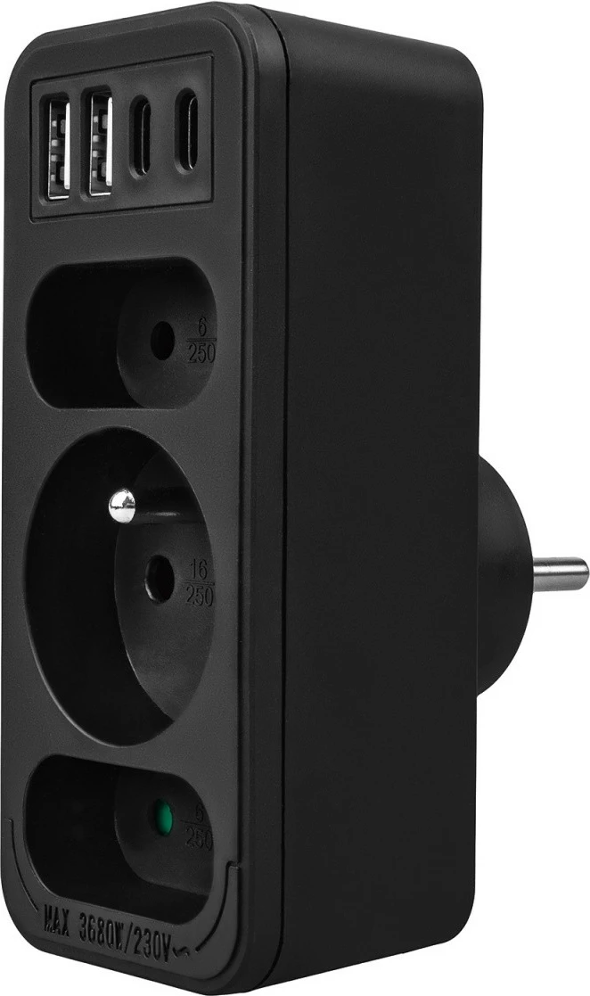 Shpërndarës prizash, Maclean MCE248 F/B, 3 dalje (2 të sheshta + 1 me tokëzim), 2x USB-A + 2x USB-C PD 20W, zi