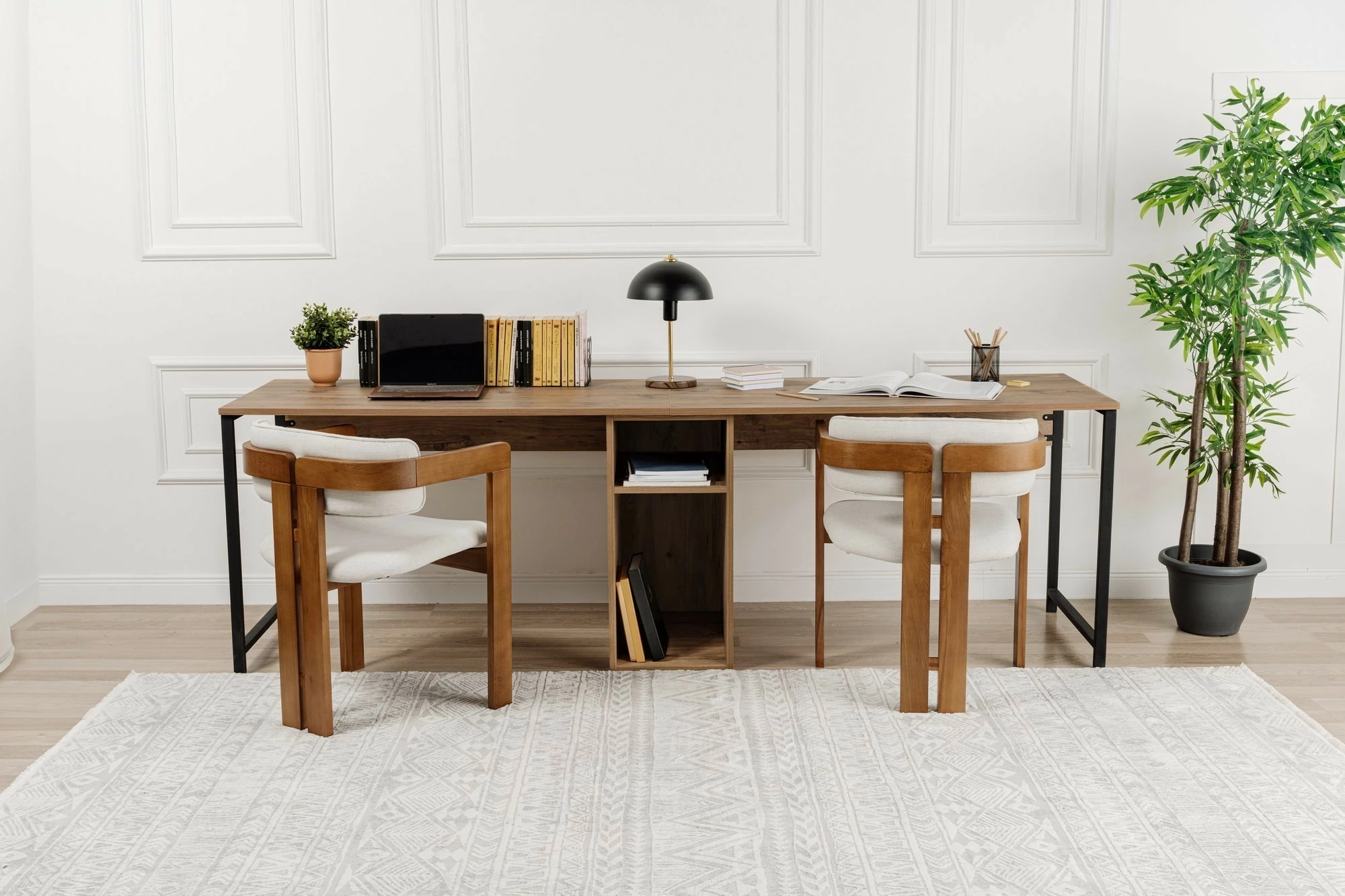 Tavolinë studimi Nordure, tavolinë dyshe, ngjyrë Atlantic Pine, e zezë