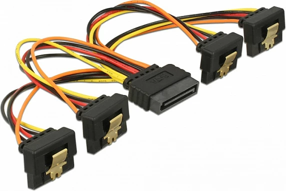 Kabllo rryme SATA DeLOCK, 1x SATA 15-pin femër në 4x SATA 15-pin mashkull, 15 cm, zezë/kuqe/verdhë