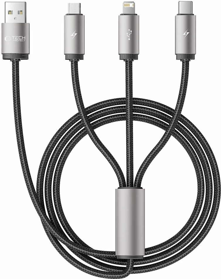 Kabllo 3-në-1 Tech-Protect UltraBoost, 1m, USB-A në Lightning/USB-C/Micro USB, Gri