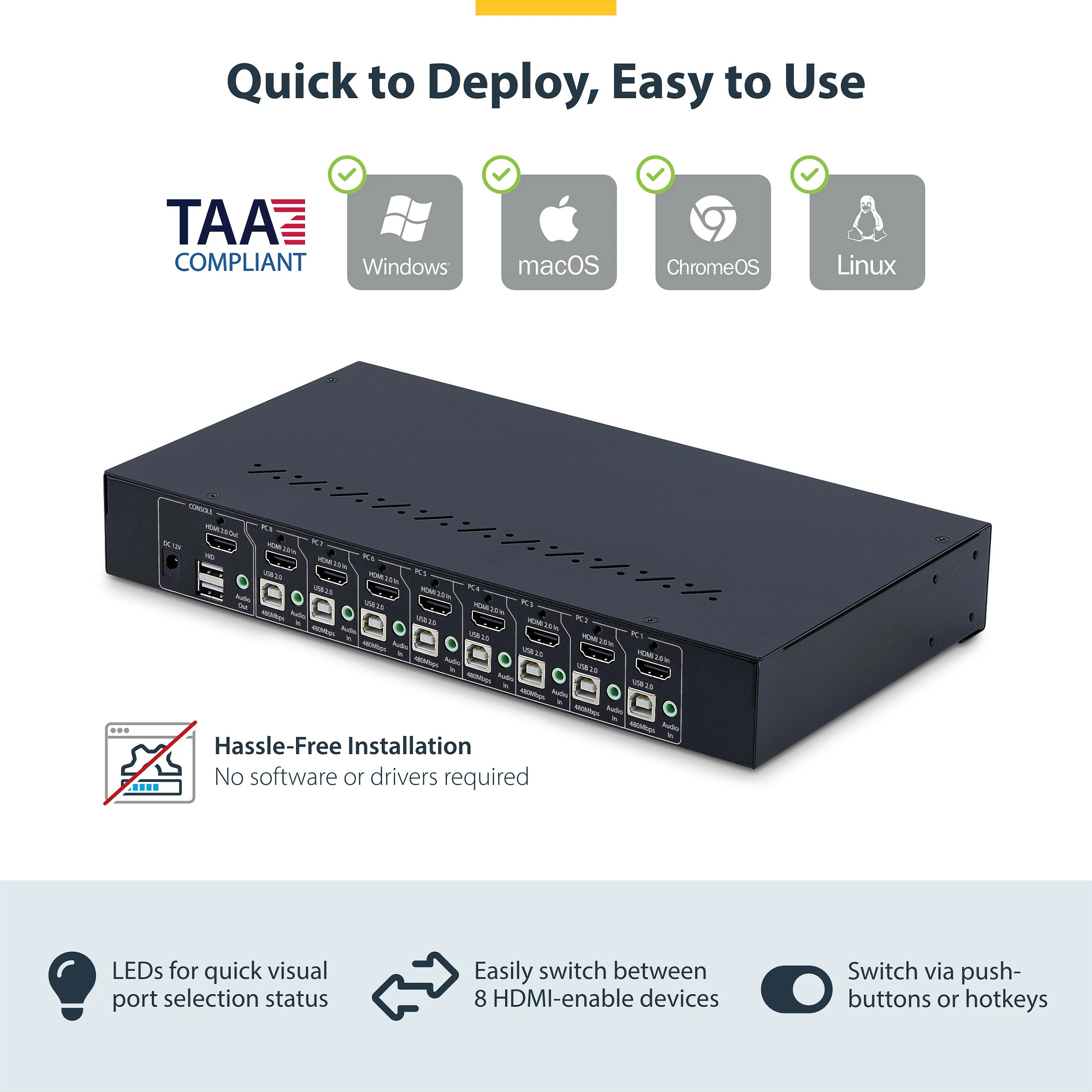 Switch KVM HDMI StarTech 8-Port, 4K 60Hz, Rack 1U, i zi