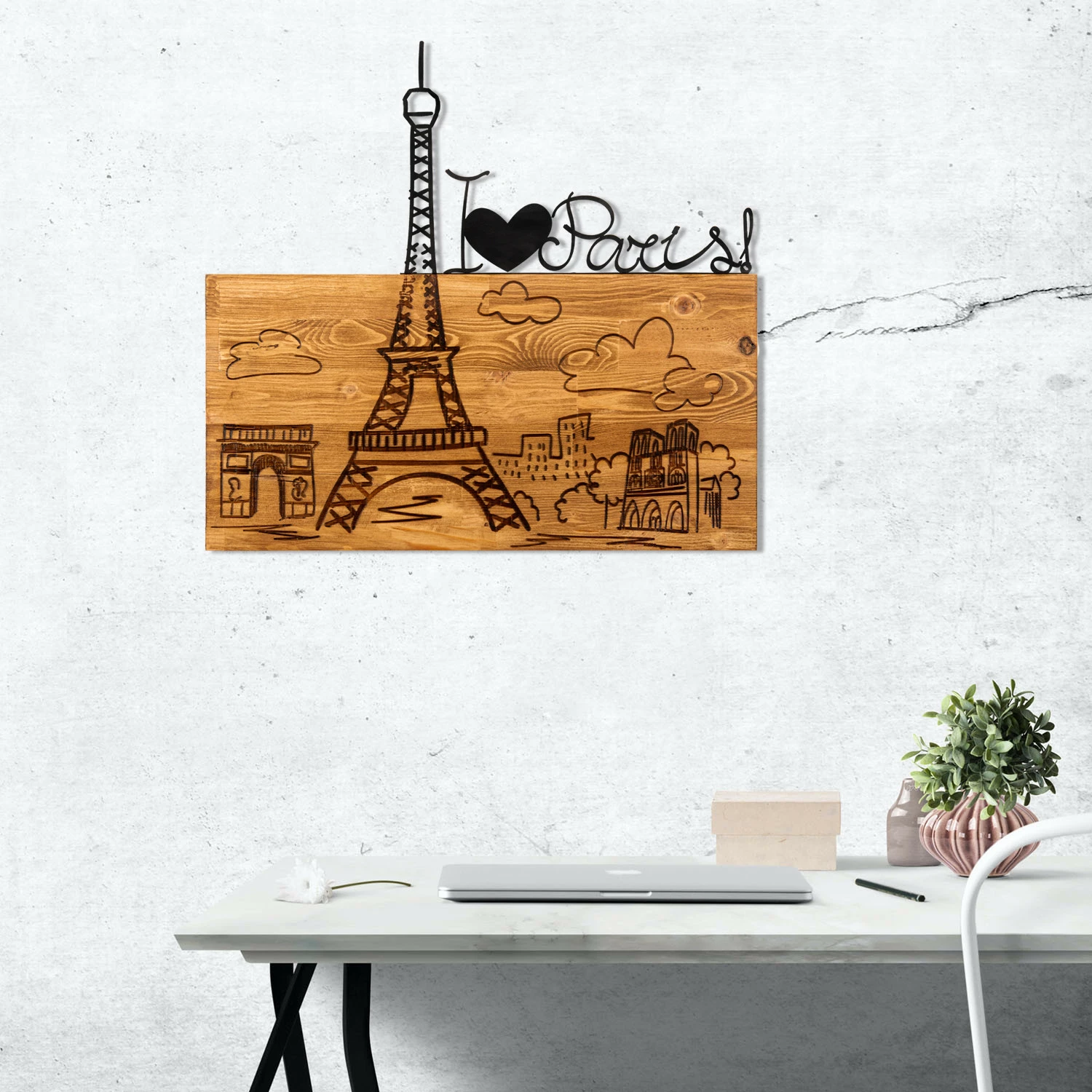 Aksesor dekorativ për mur, dru dhe metal, Wallity, I Love You Paris