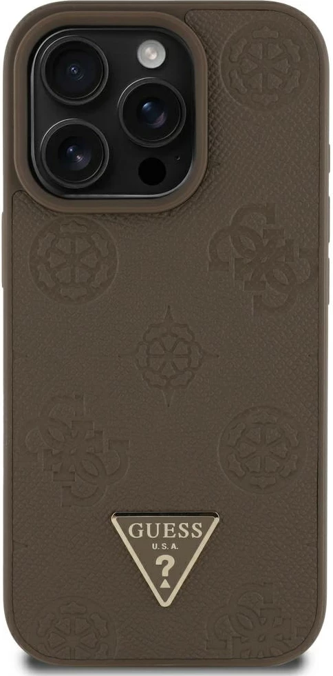 Mbështjellës Guess Grained Hot Stamp Peony Triangle Logo MagSafe për iPhone 16 Pro Max, Kafe