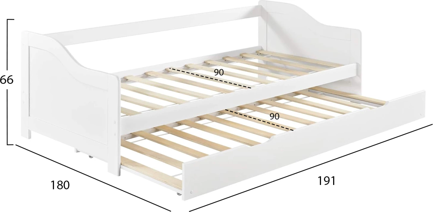 Krevat divan TRADDY, dru pishe, ngjyrë e bardhë, për dyshekë 190x90cm, me shtrat tërheqës