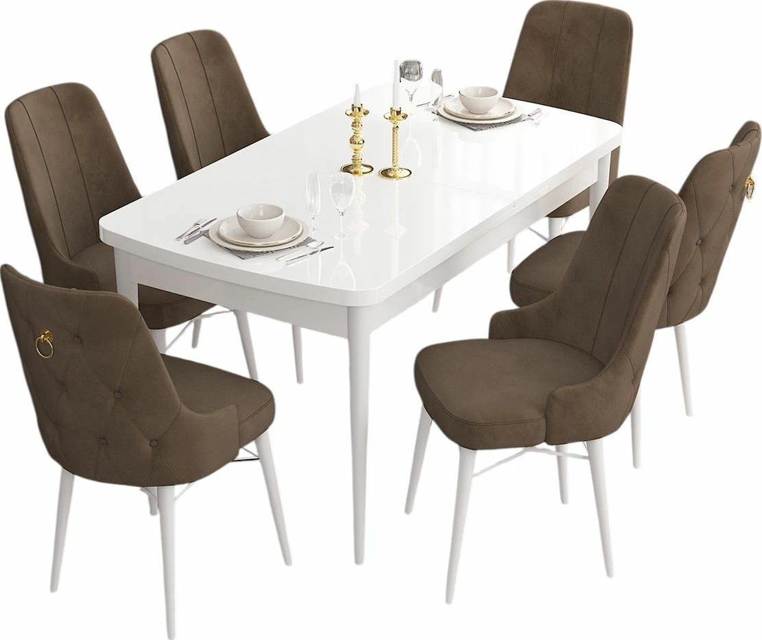 Set tavoline me karrige për ngrënie, zgjatës, Skye Decor, bardhë, kafe, 7 copë