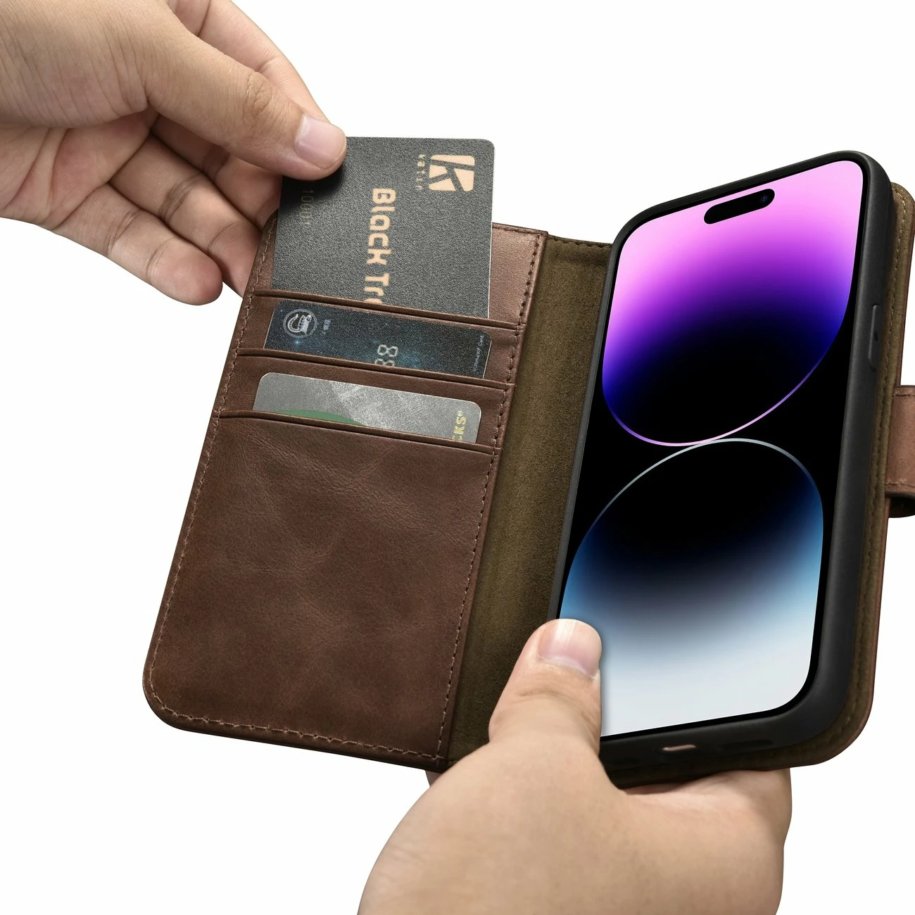 Mbështjellës iCarer Oil Wax Wallet 2in1 për iPhone 14 Pro, lëkurë natyrale, kafe