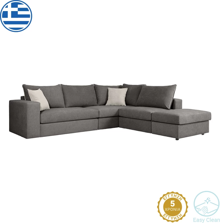 Divan polymorfik i kthyeshëm London, pëlhurë gri, jastëkë gri të çelët, 296x246x95 cm