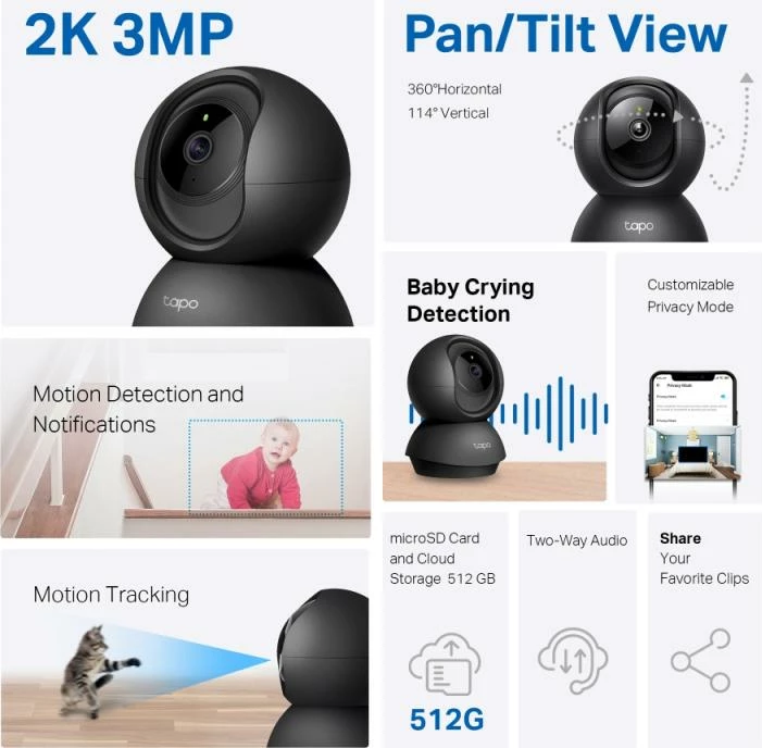 Kamerë IP pan/tilt TP-Link Tapo C211 3MP, e zezë