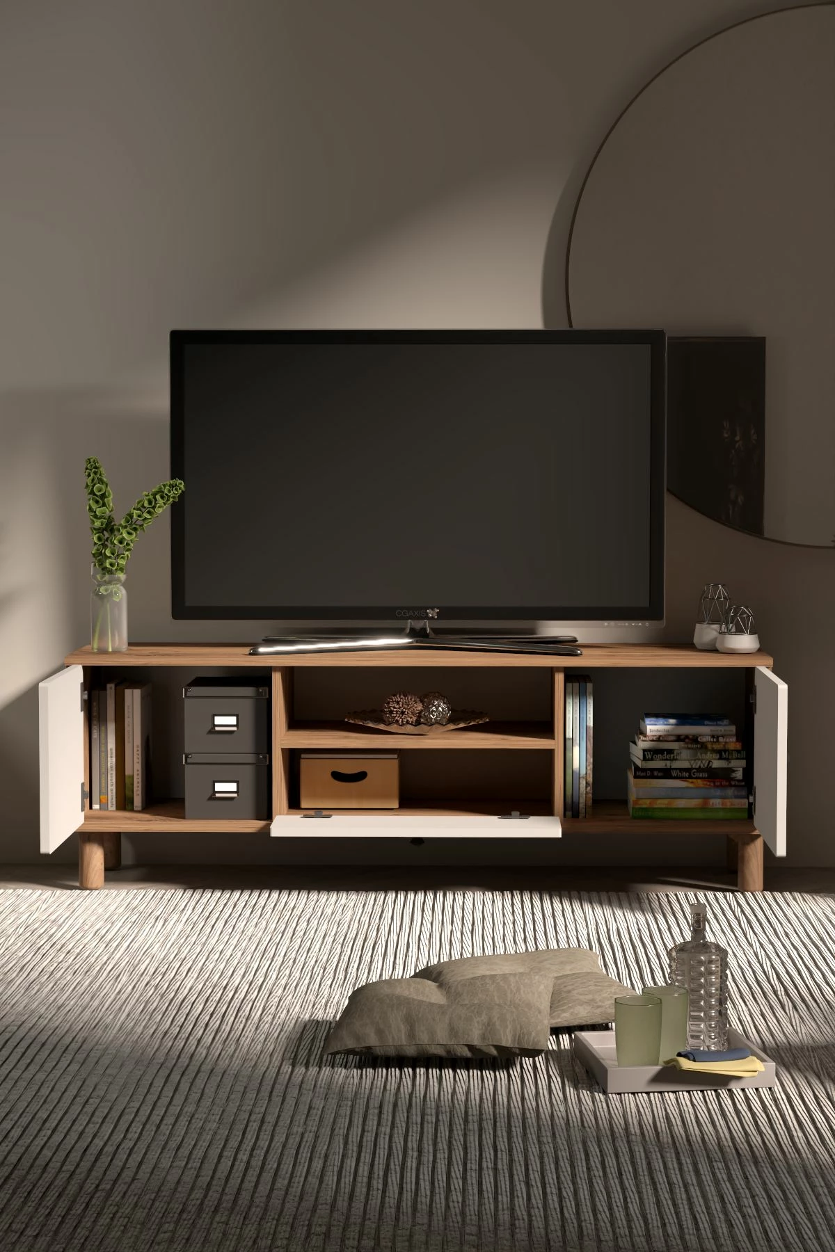 Komodë TV Skye Decor, Bellora 180, ngjyrë Atlantic Pine dhe e bardhë