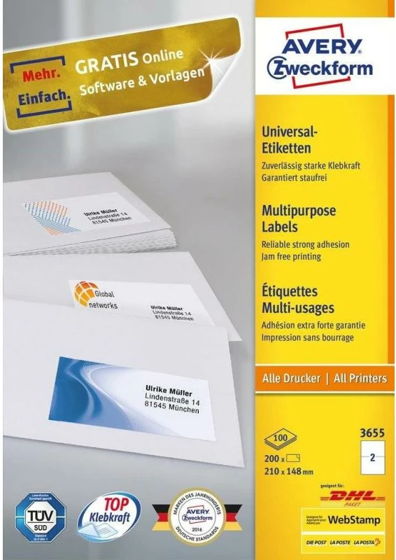 Etiketa, Avery Zweckform, 3655, A4 210 x 148 mm, për printerë inkjet/laser dhe kopjues, ngjitje e përhershme, e bardhë, set 100 fletë